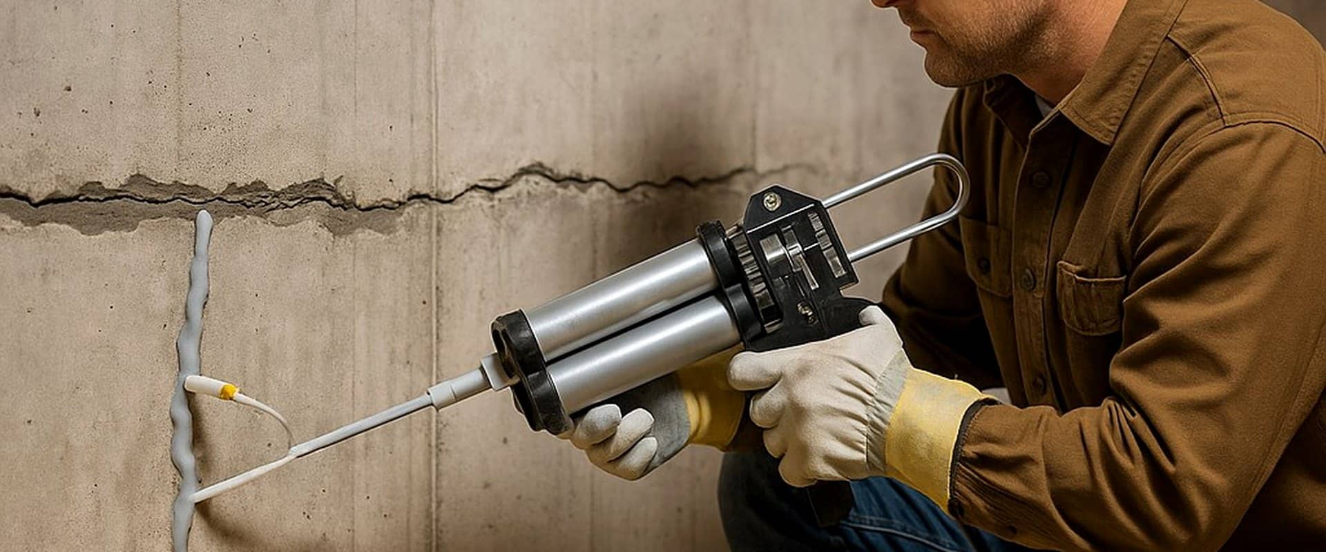 foundation-crack-repair-technician-in-yellow-hard-hat-injecting-epoxy-into-concrete-basement-wall-johns-creek-ga