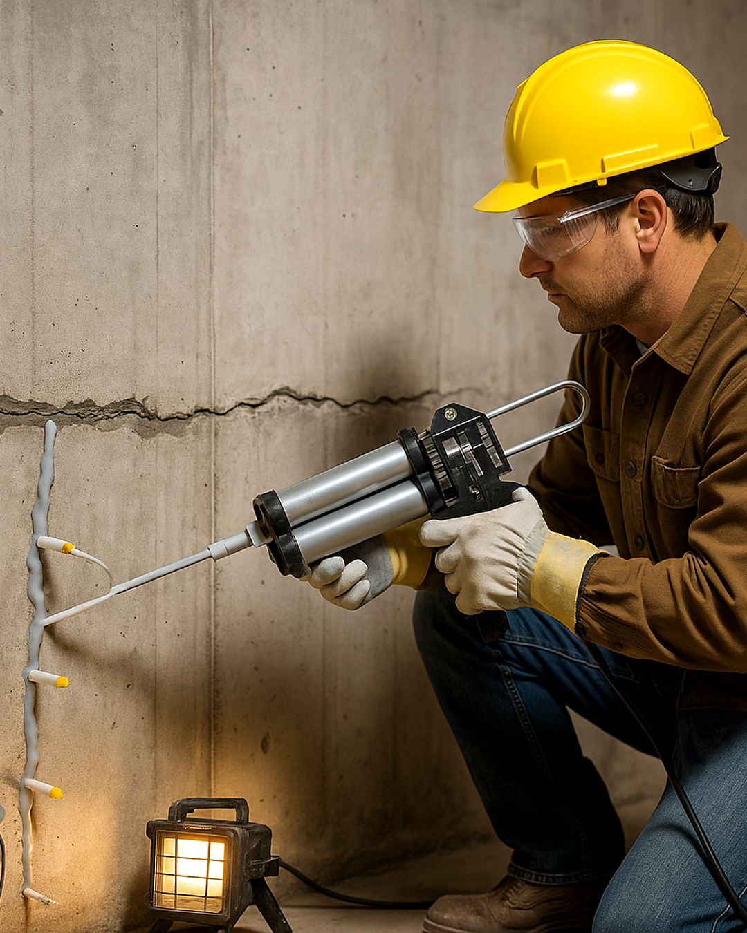 foundation-crack-repair-technician-in-yellow-hard-hat-injecting-epoxy-into-concrete-basement-wall-johns-creek-ga