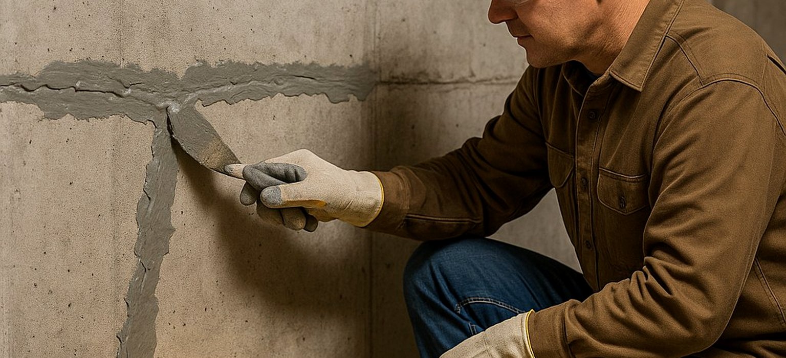 foundation-crack-repair-technician-in-yellow-hard-hat-injecting-epoxy-into-concrete-basement-wall-johns-creek-ga
